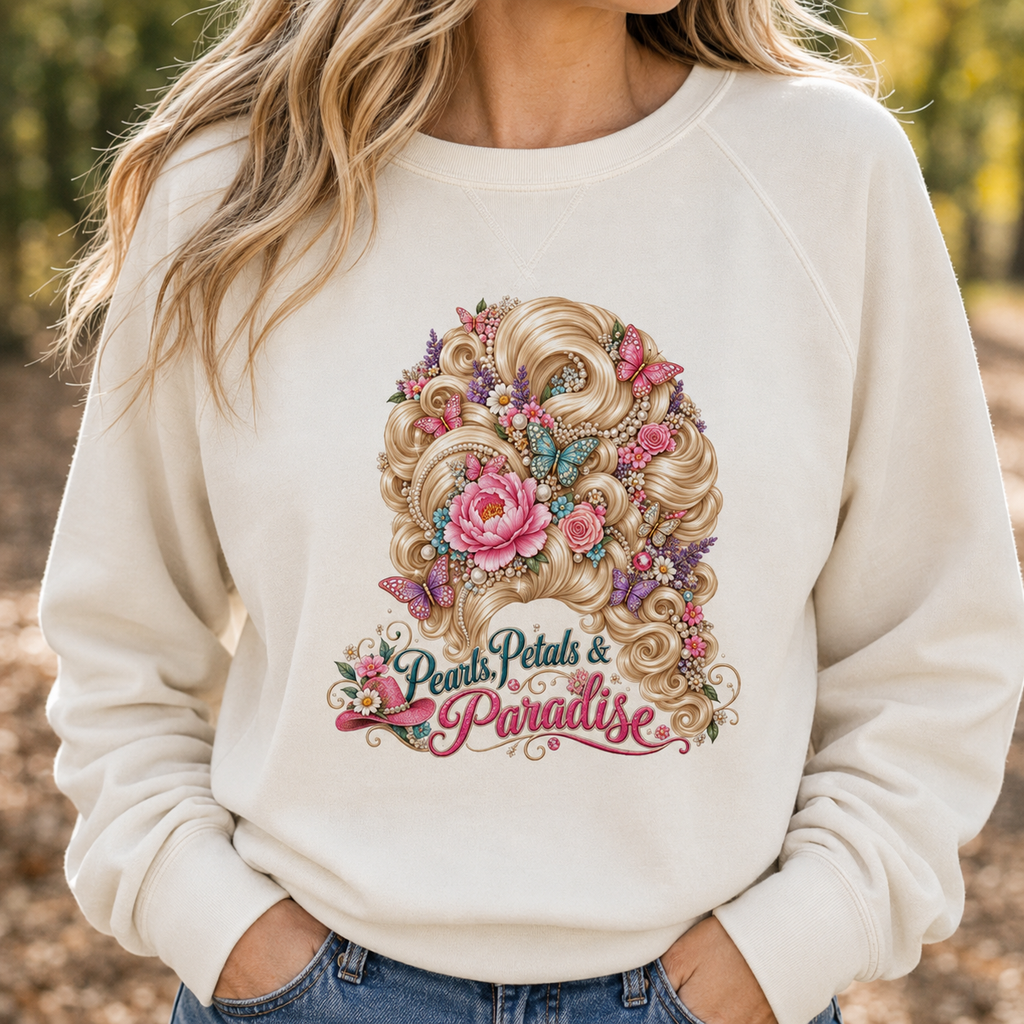 Pearls, Petals & Paradise Lightweight Crewneck Sweatshirt | Country Glam Floral Bouffant Pullover
