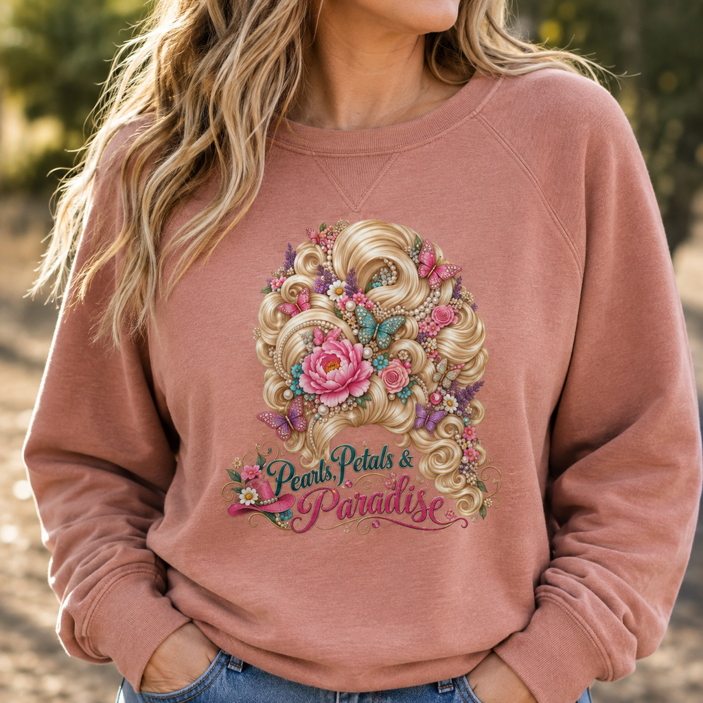 Pearls, Petals & Paradise Lightweight Crewneck Sweatshirt | Country Glam Floral Bouffant Pullover