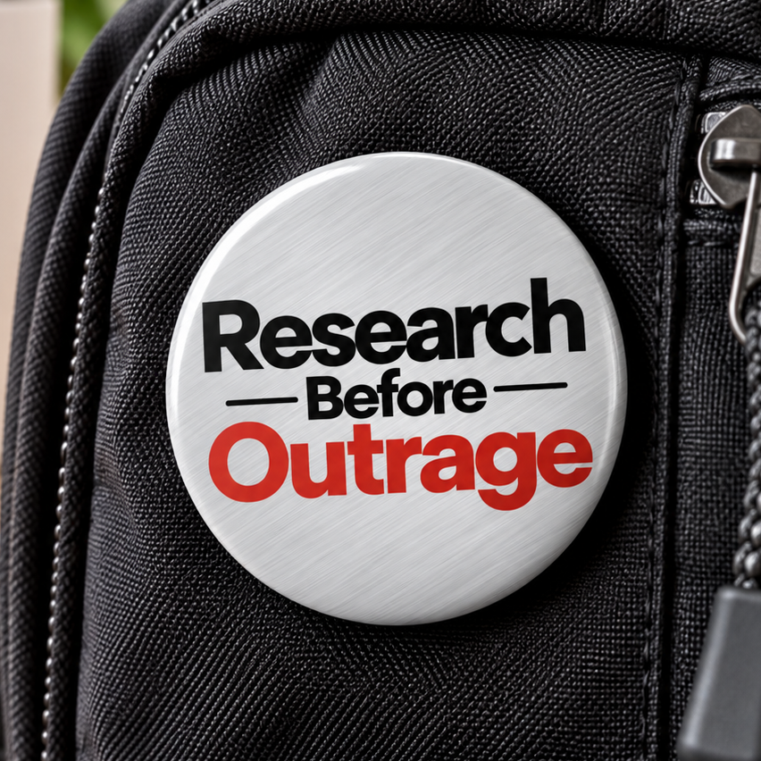 Research Before Outrage Pin Button | Critical Thinking & Fact Checking Badge