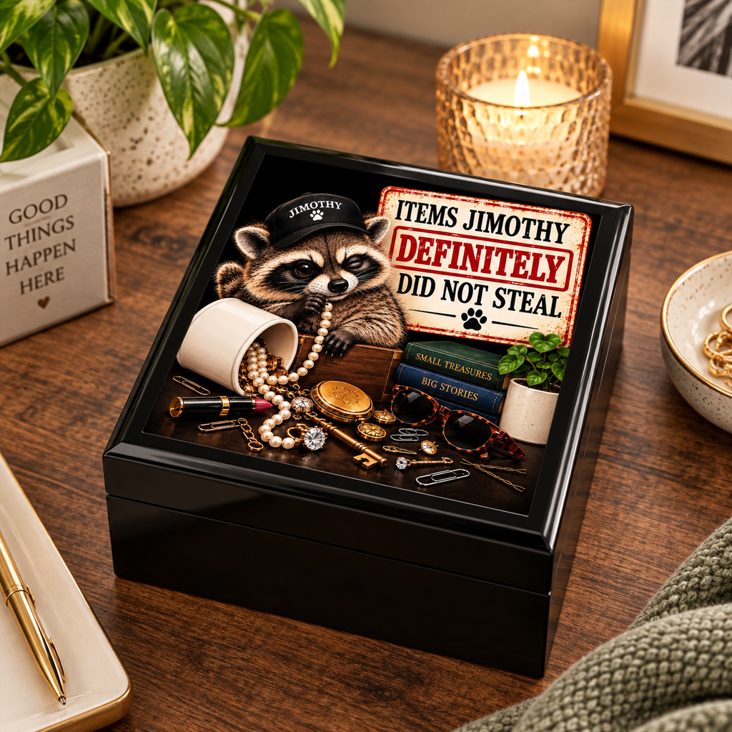 Items Jimothy Definitely Did Not Steal Collection Box | Funny Raccoon Keepsake & Trinket Box