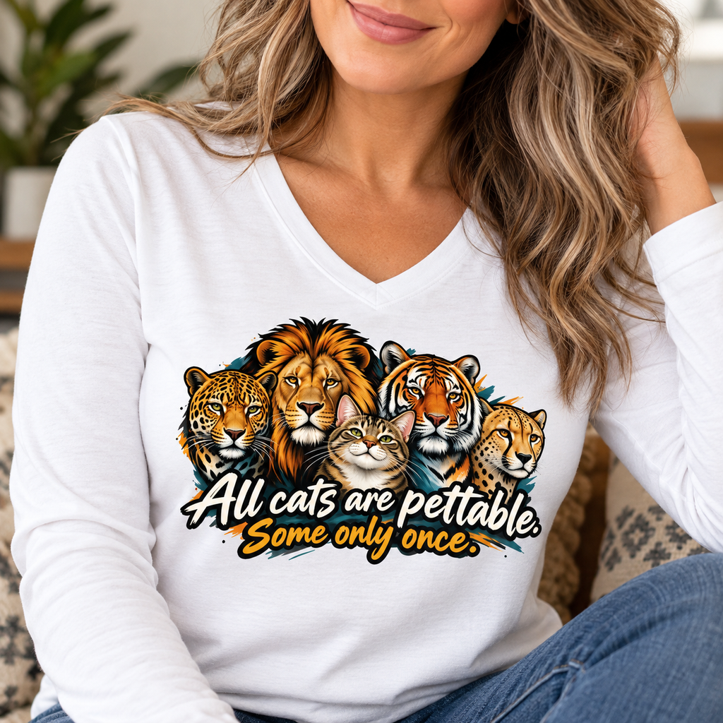 All Cats Are Pettable Long Sleeve V-Neck Shirt | Funny Cat Lover Tee