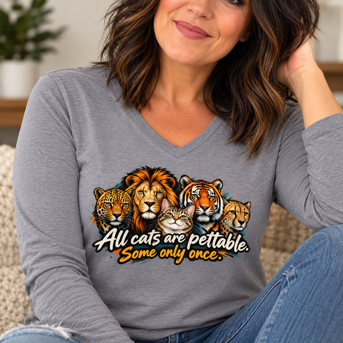 All Cats Are Pettable Long Sleeve V-Neck Shirt | Funny Cat Lover Tee