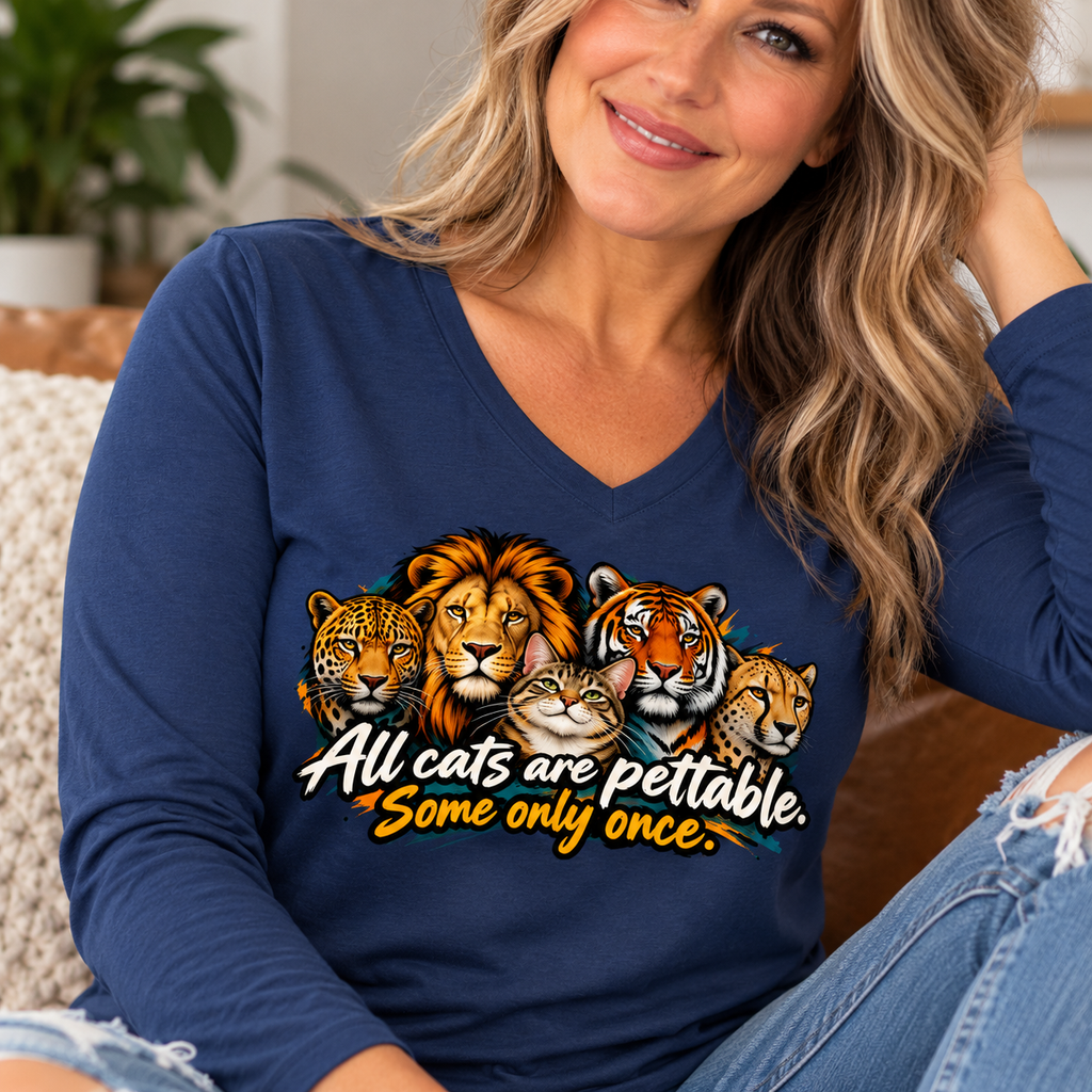 All Cats Are Pettable Long Sleeve V-Neck Shirt | Funny Cat Lover Tee