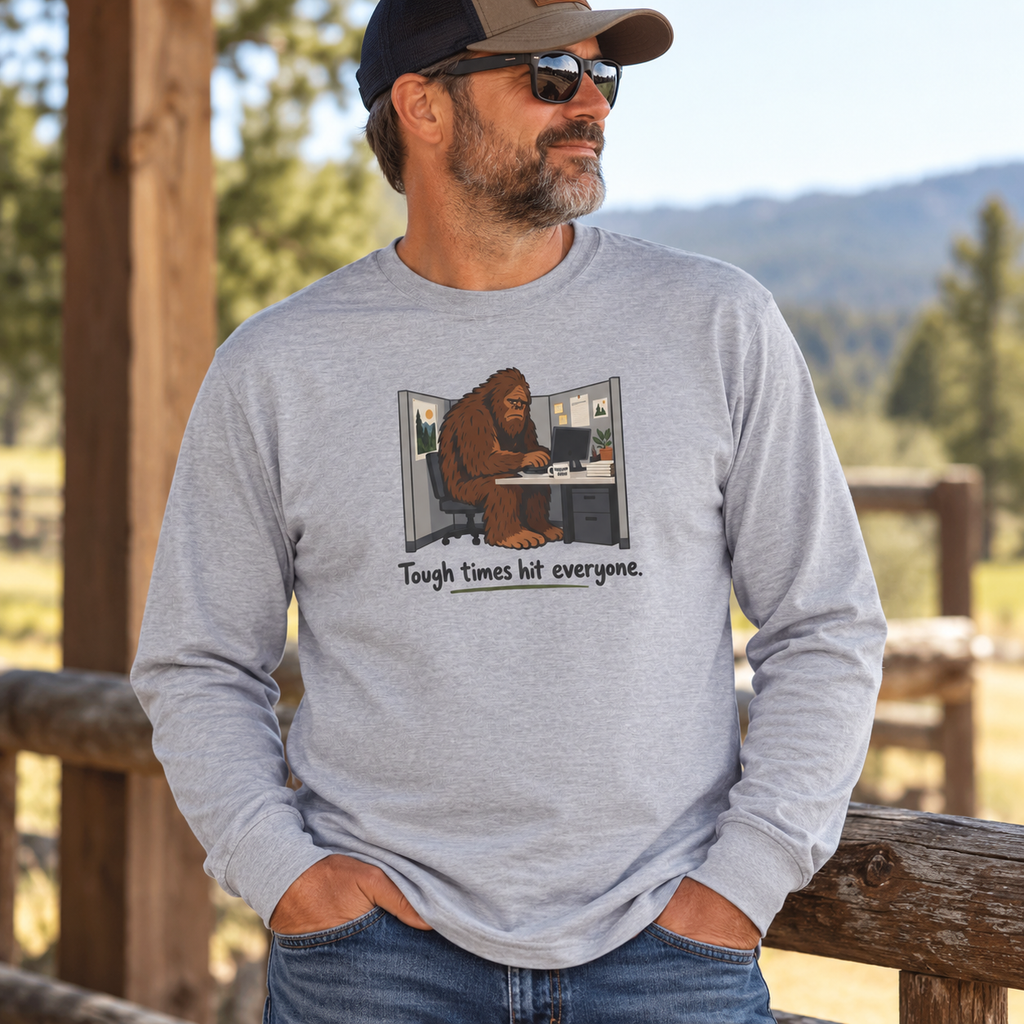 Tough Times Hit Everyone Bigfoot Long Sleeve Shirt | Funny Sasquatch Office Tee