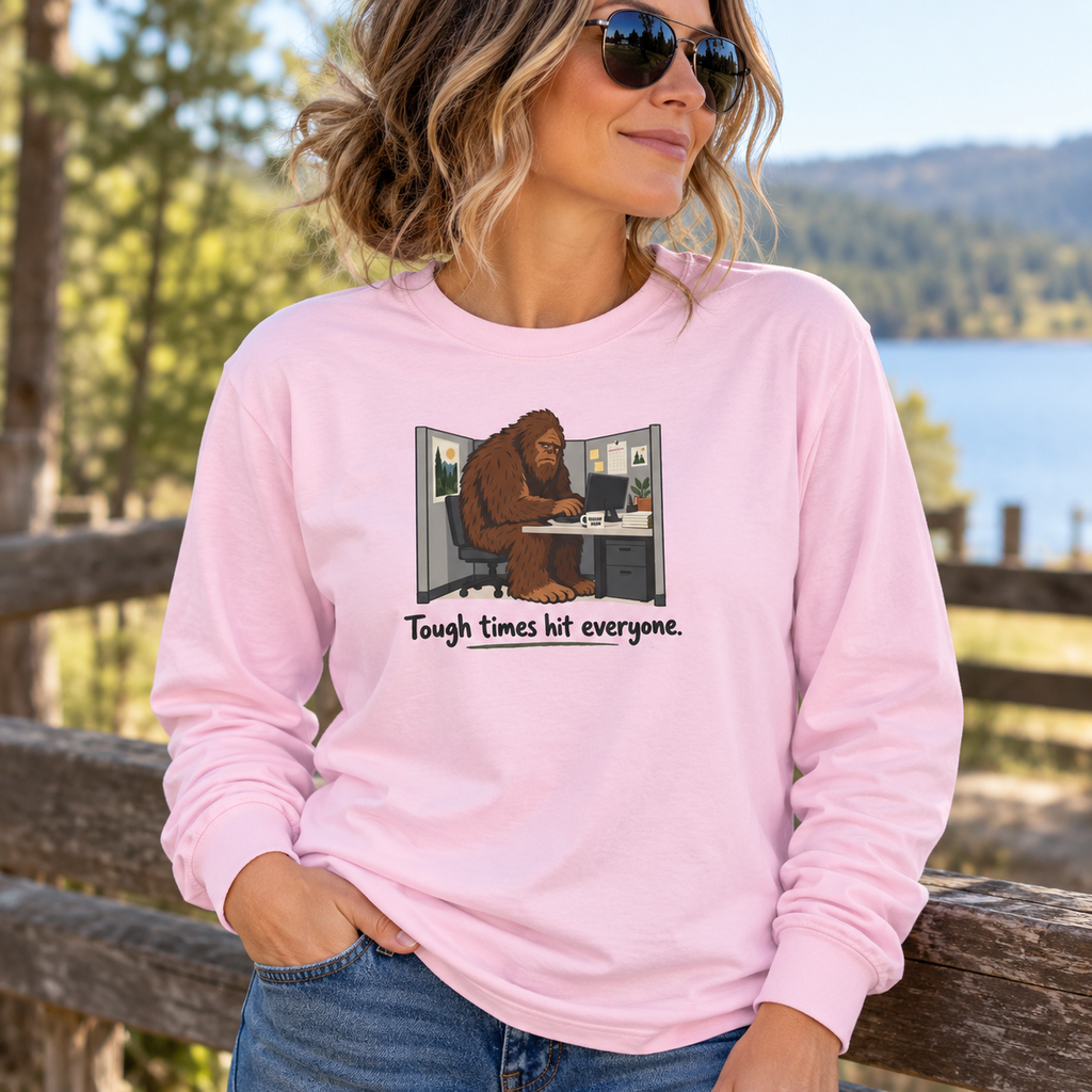 Tough Times Hit Everyone Bigfoot Long Sleeve Shirt | Funny Sasquatch Office Tee