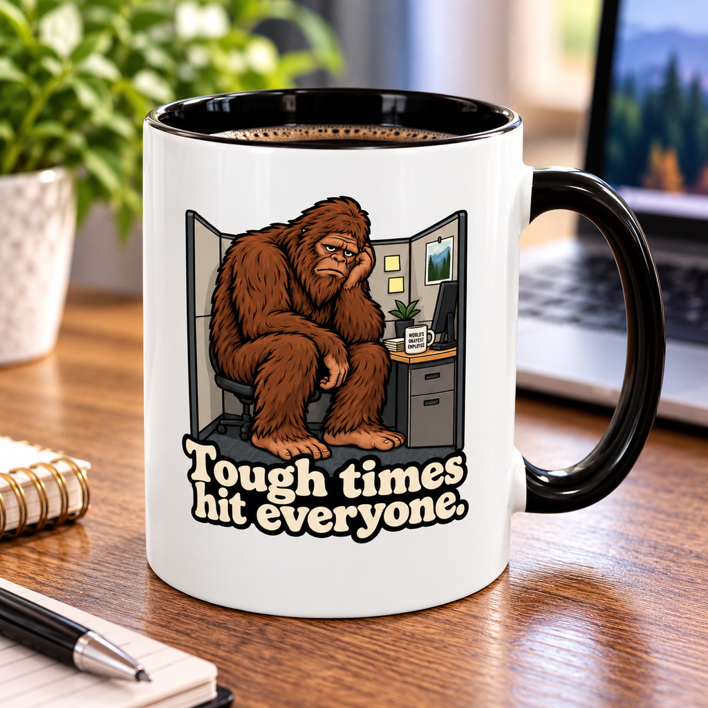 Tough Times Hit Everyone Bigfoot Office Humor Accent Coffee Mug (11oz/15oz)