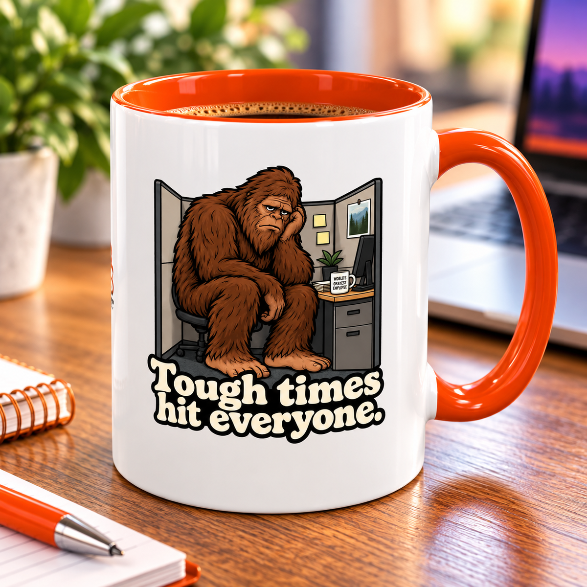 Tough Times Hit Everyone Bigfoot Office Humor Accent Coffee Mug (11oz/15oz)