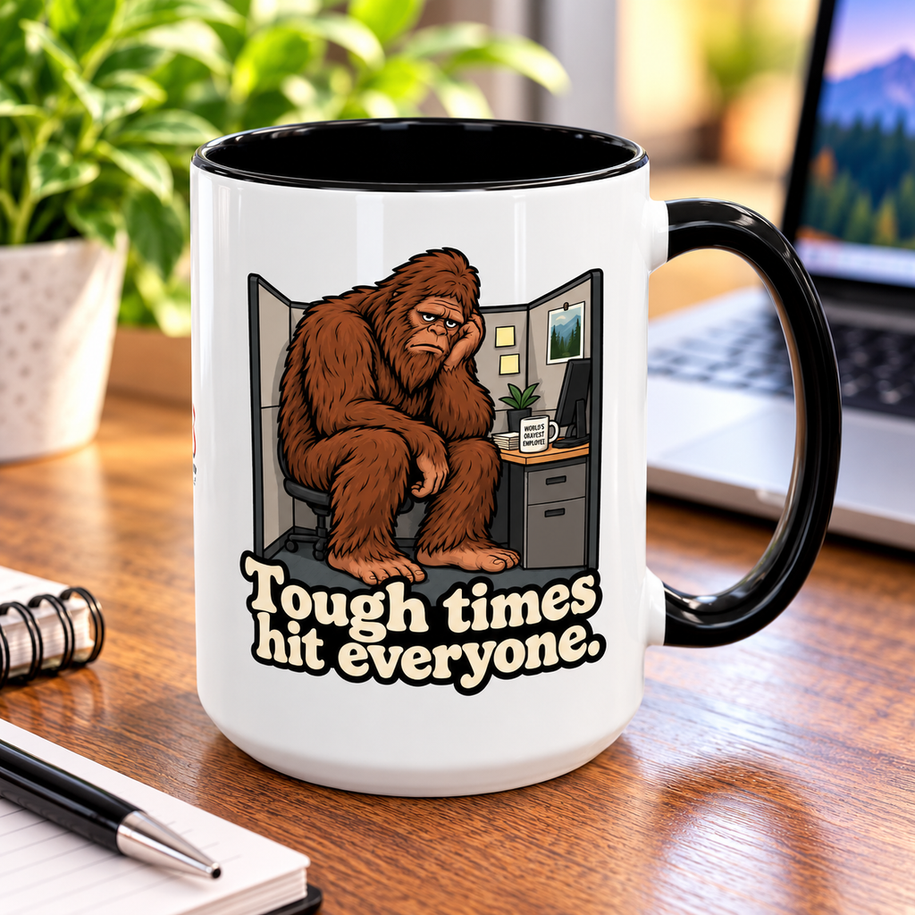 Tough Times Hit Everyone Bigfoot Office Humor Accent Coffee Mug (11oz/15oz)
