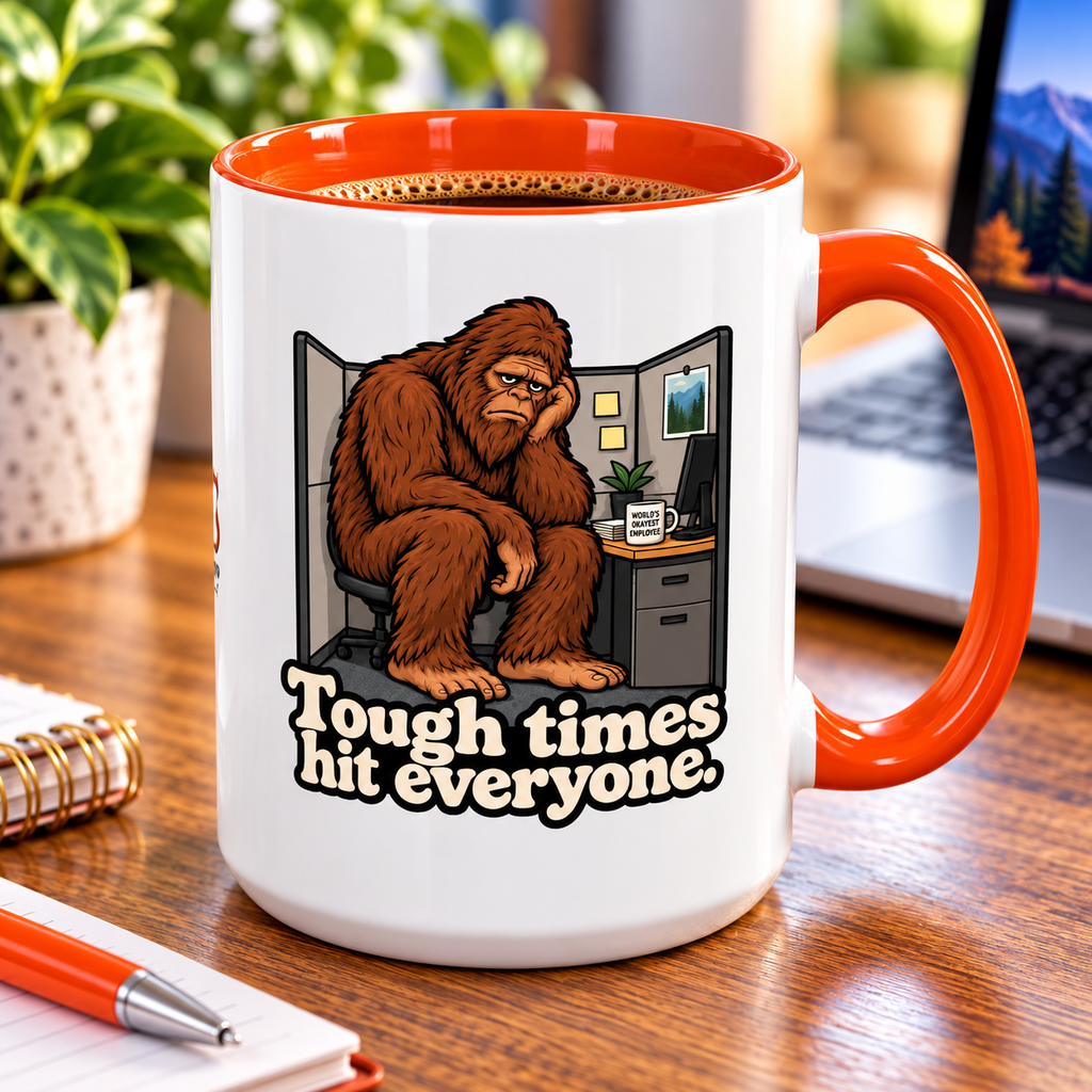Tough Times Hit Everyone Bigfoot Office Humor Accent Coffee Mug (11oz/15oz)