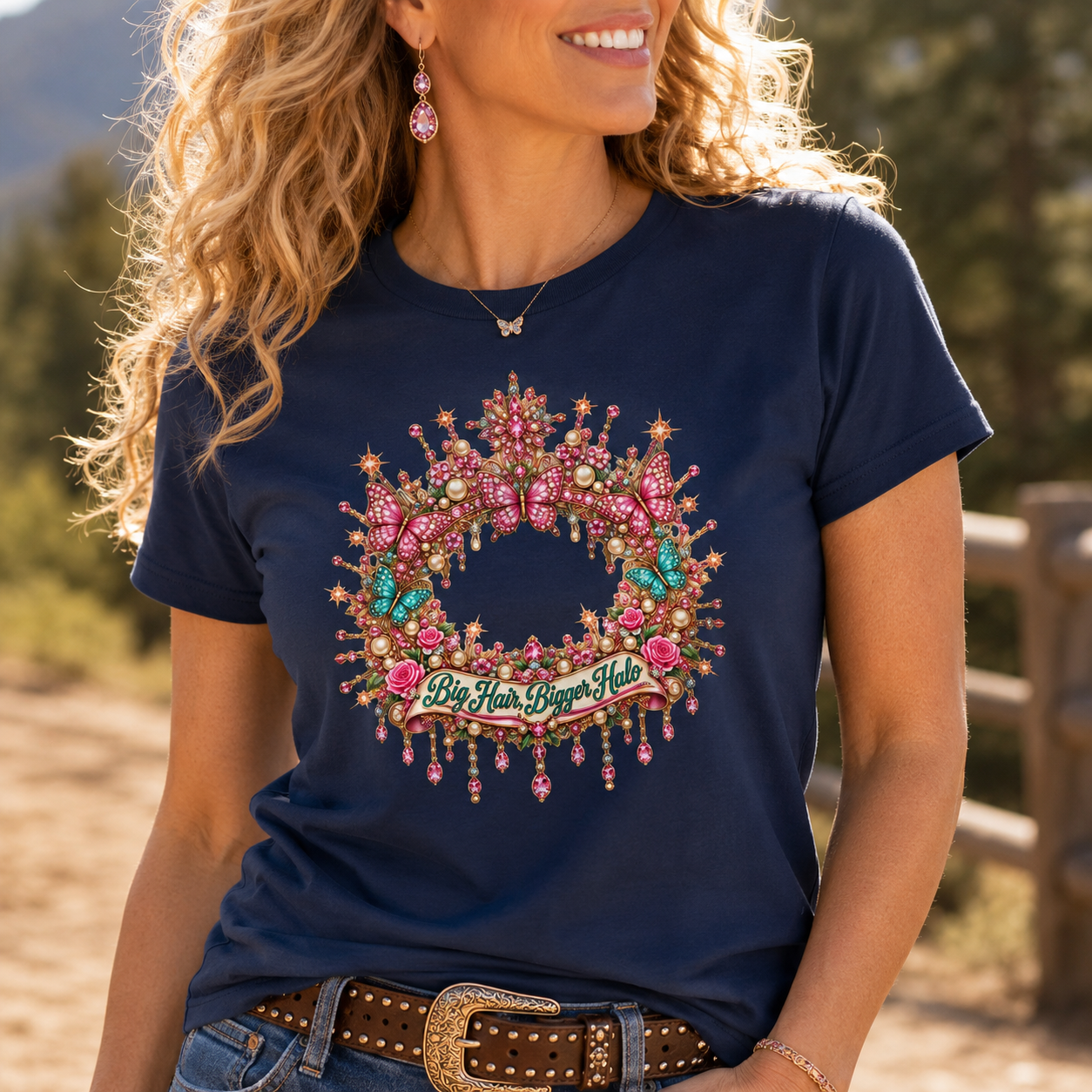 Big Hair, Bigger Halo Women’s T-Shirt | Country Glam Butterfly Tee | Heaven-Inspired Rhinestone Shirt