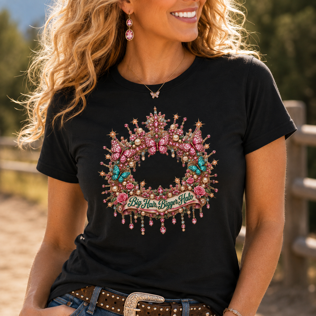 Big Hair, Bigger Halo Women’s T-Shirt | Country Glam Butterfly Tee | Heaven-Inspired Rhinestone Shirt