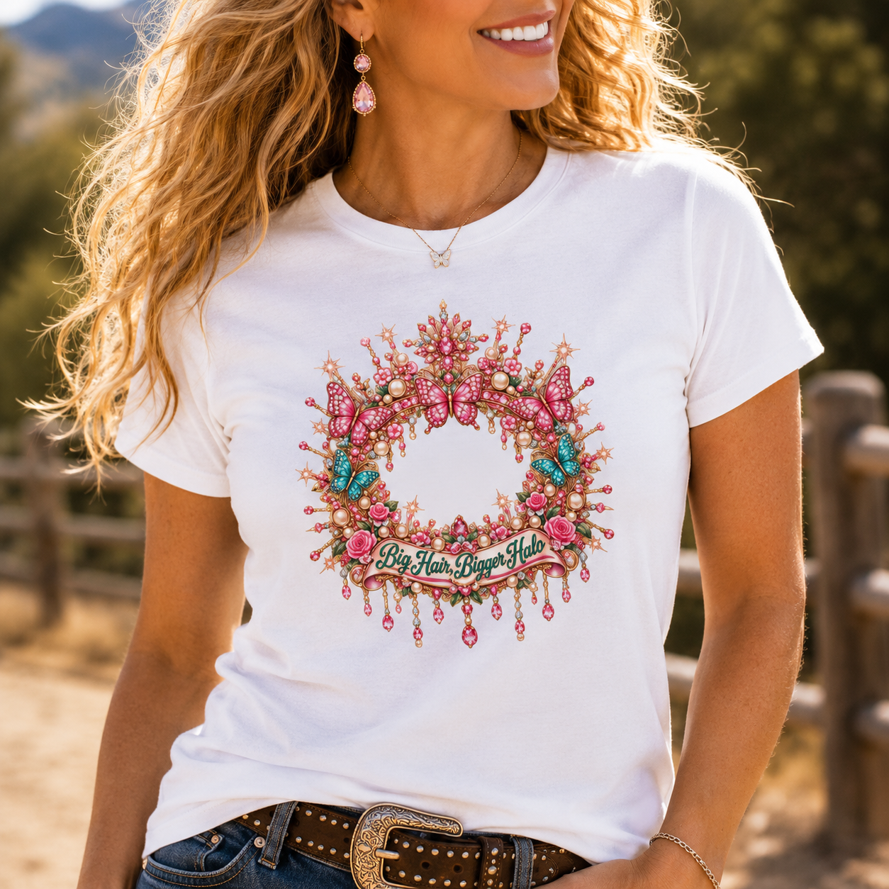 Big Hair, Bigger Halo Women’s T-Shirt | Country Glam Butterfly Tee | Heaven-Inspired Rhinestone Shirt