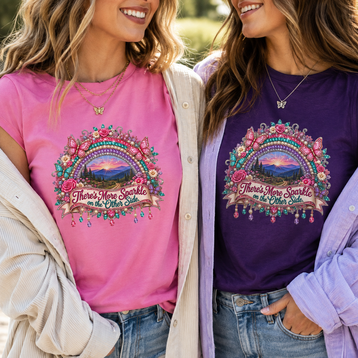 There’s More Sparkle on the Other Side Women’s T-Shirt | Rhinestone Rainbow Mountain Tee