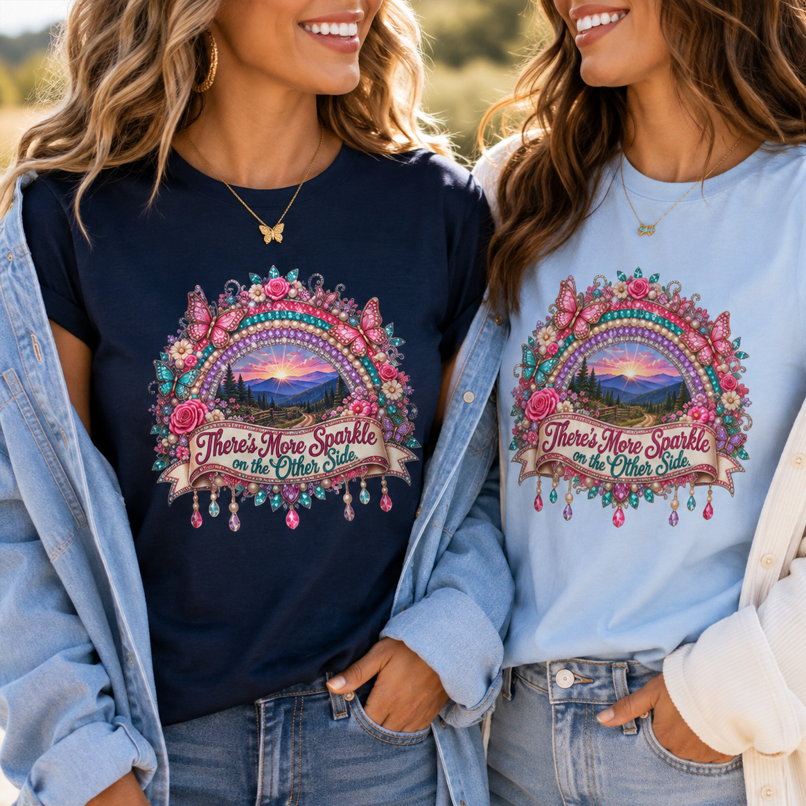 There’s More Sparkle on the Other Side Women’s T-Shirt | Rhinestone Rainbow Mountain Tee