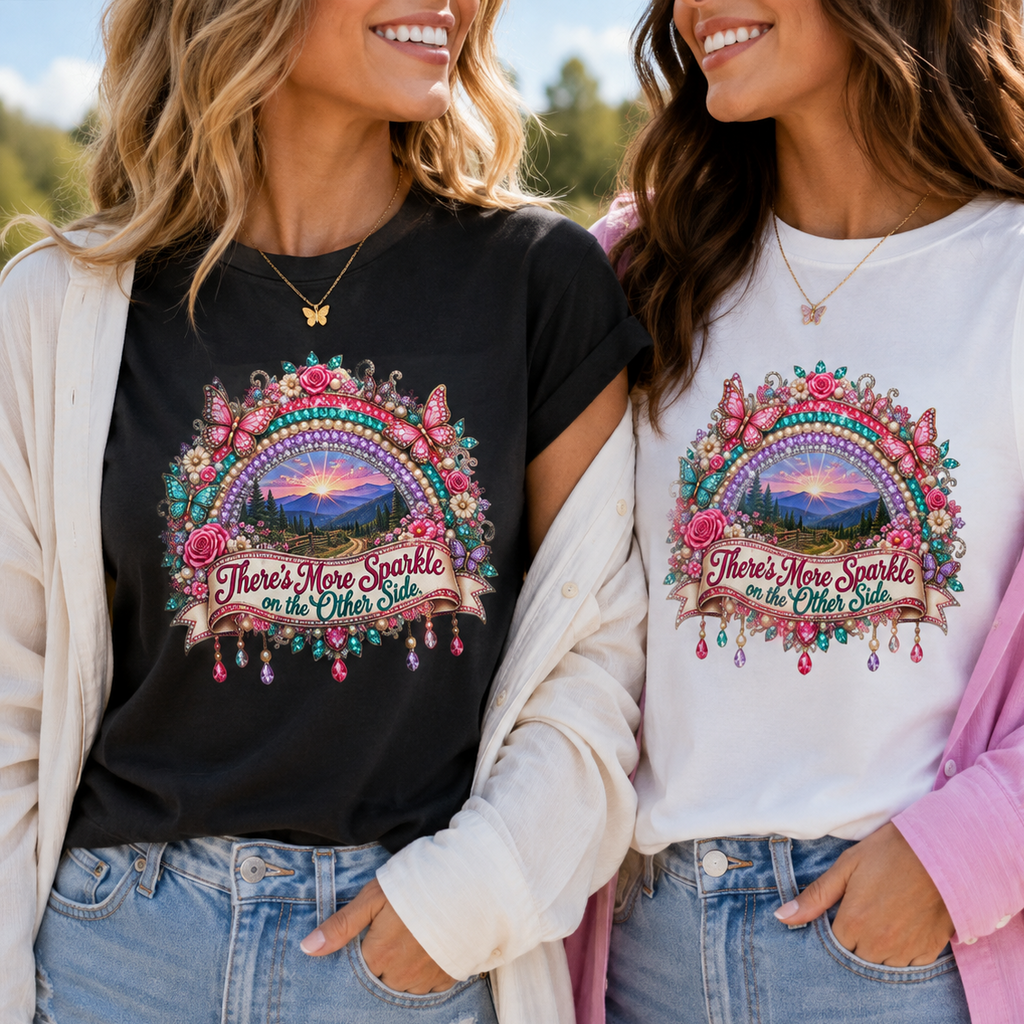 There’s More Sparkle on the Other Side Women’s T-Shirt | Rhinestone Rainbow Mountain Tee
