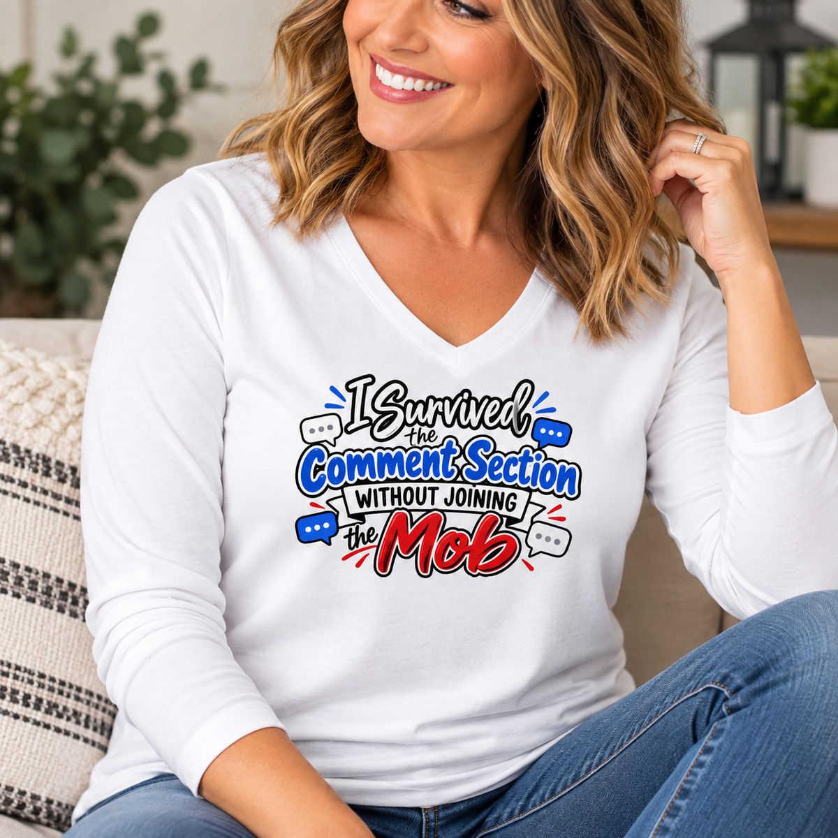 I Survived the Comment Section Women’s Long Sleeve V-Neck | Social Media & True Crime Humor Shirt