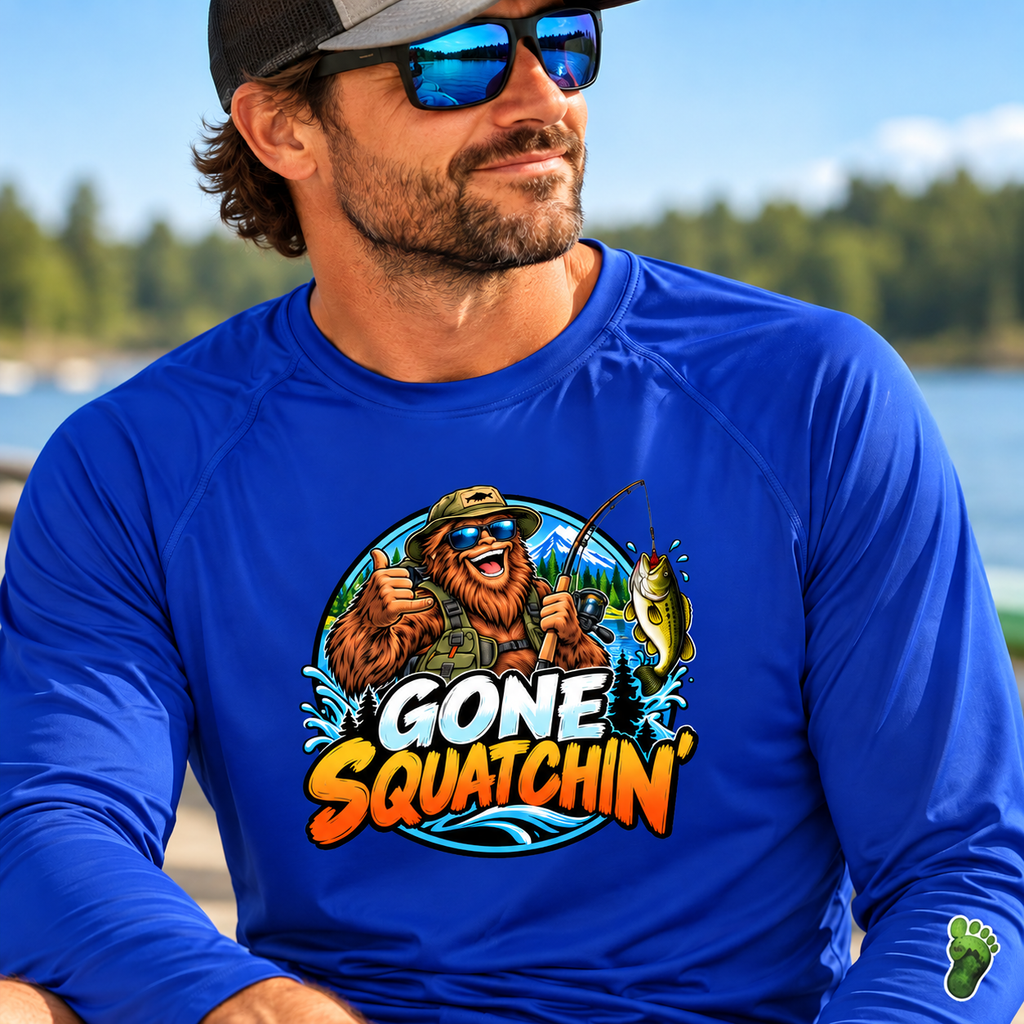 Gone Squatchin' Bigfoot Fishing Long Sleeve Rashguard | Funny Sasquatch Fishing Shirt