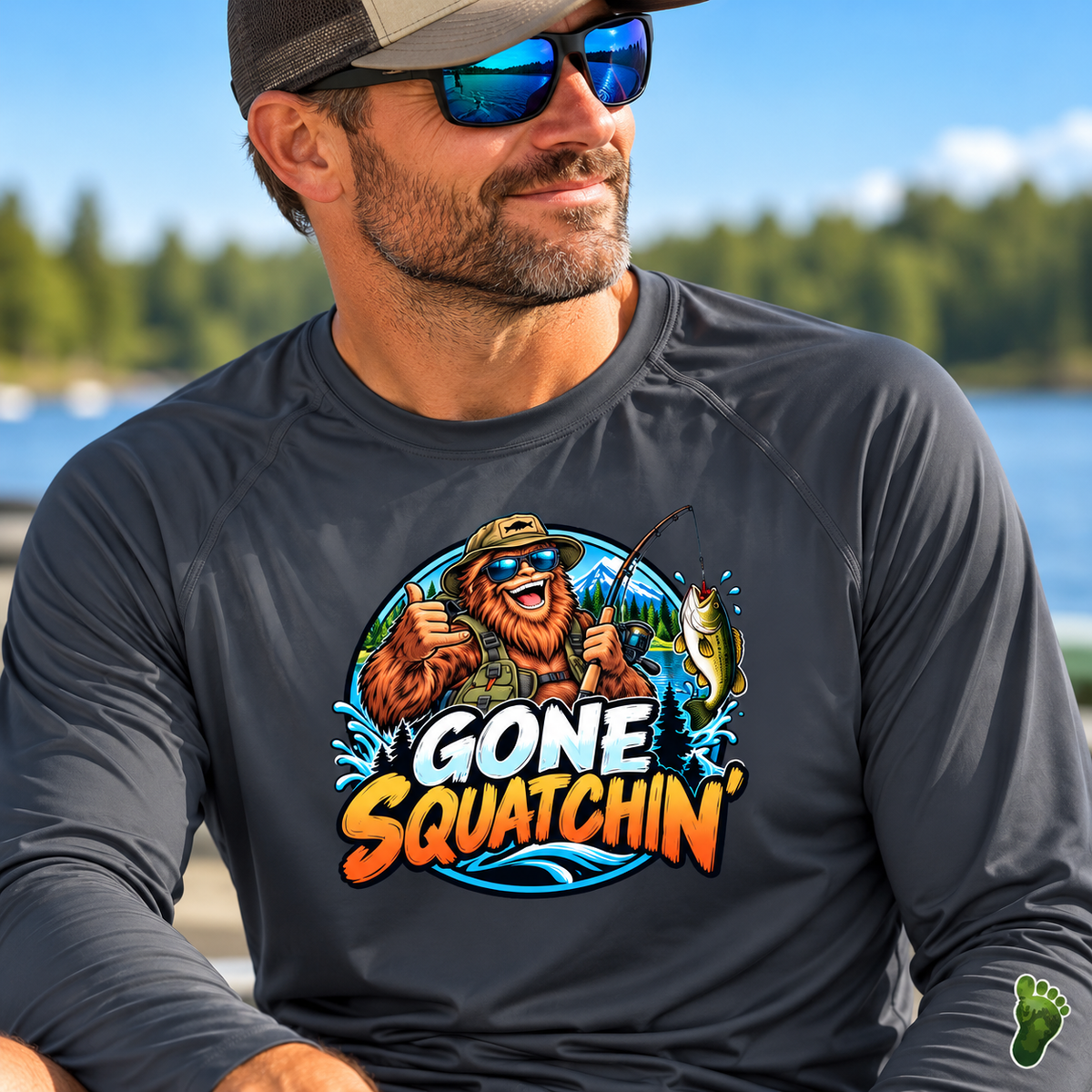 Gone Squatchin' Bigfoot Fishing Long Sleeve Rashguard | Funny Sasquatch Fishing Shirt
