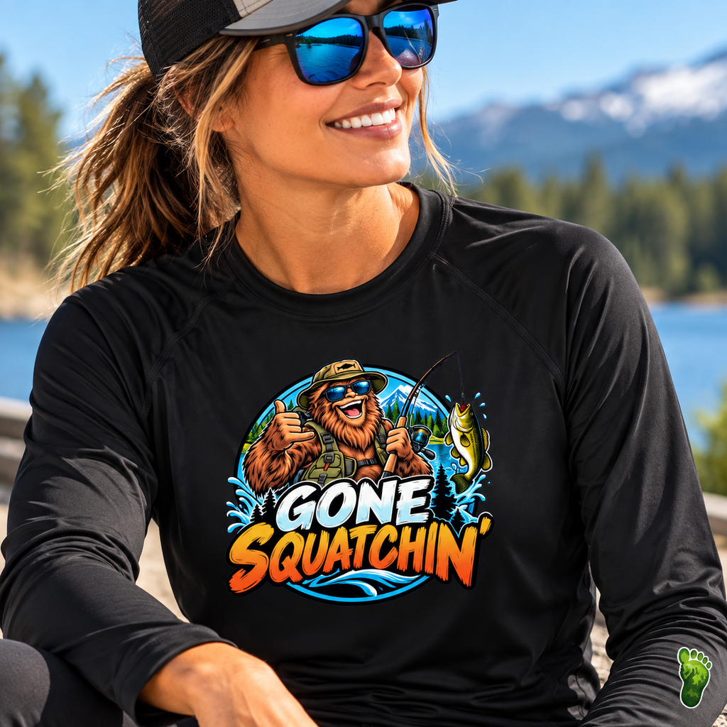 Gone Squatchin' Bigfoot Fishing Long Sleeve Rashguard | Funny Sasquatch Fishing Shirt