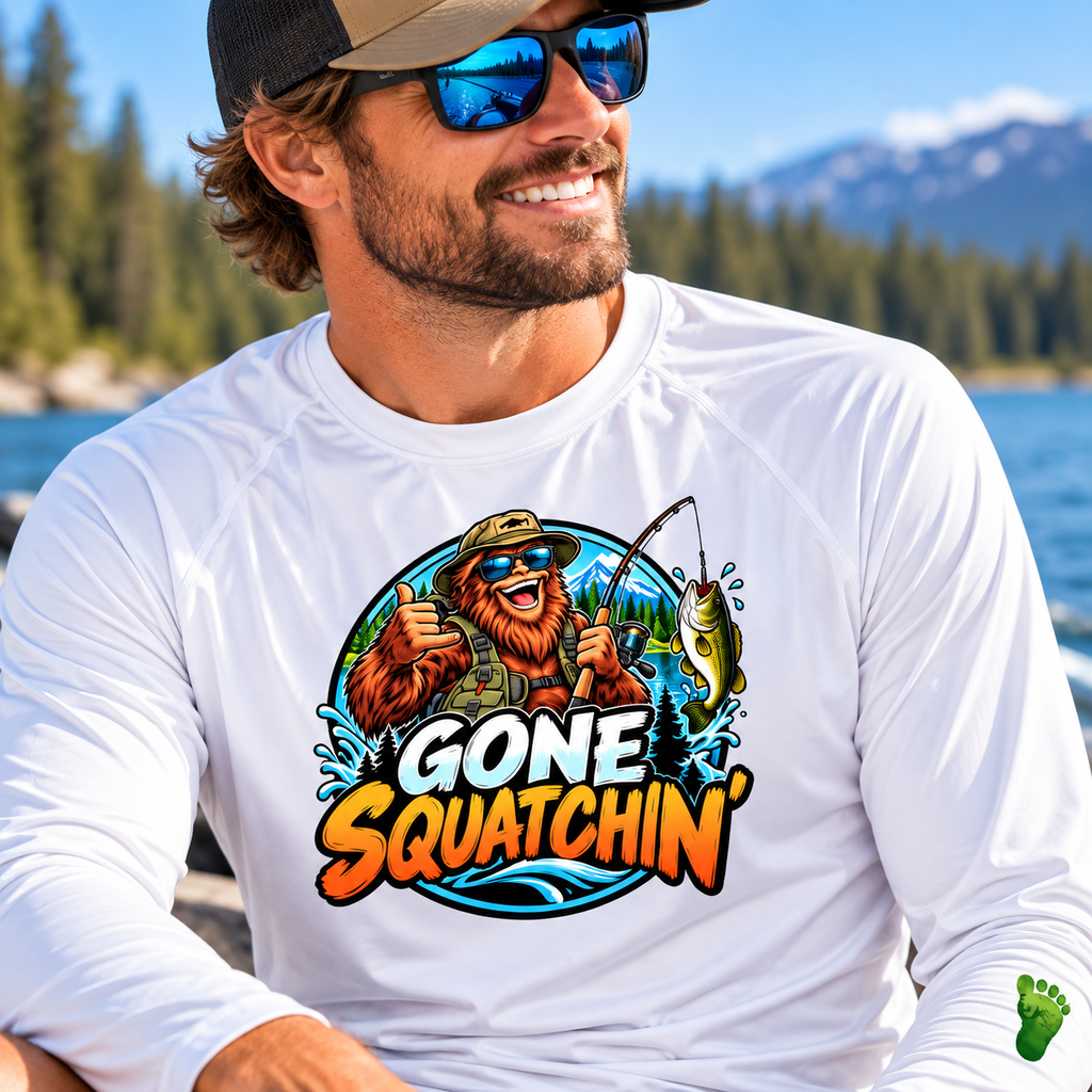 Gone Squatchin' Bigfoot Fishing Long Sleeve Rashguard | Funny Sasquatch Fishing Shirt