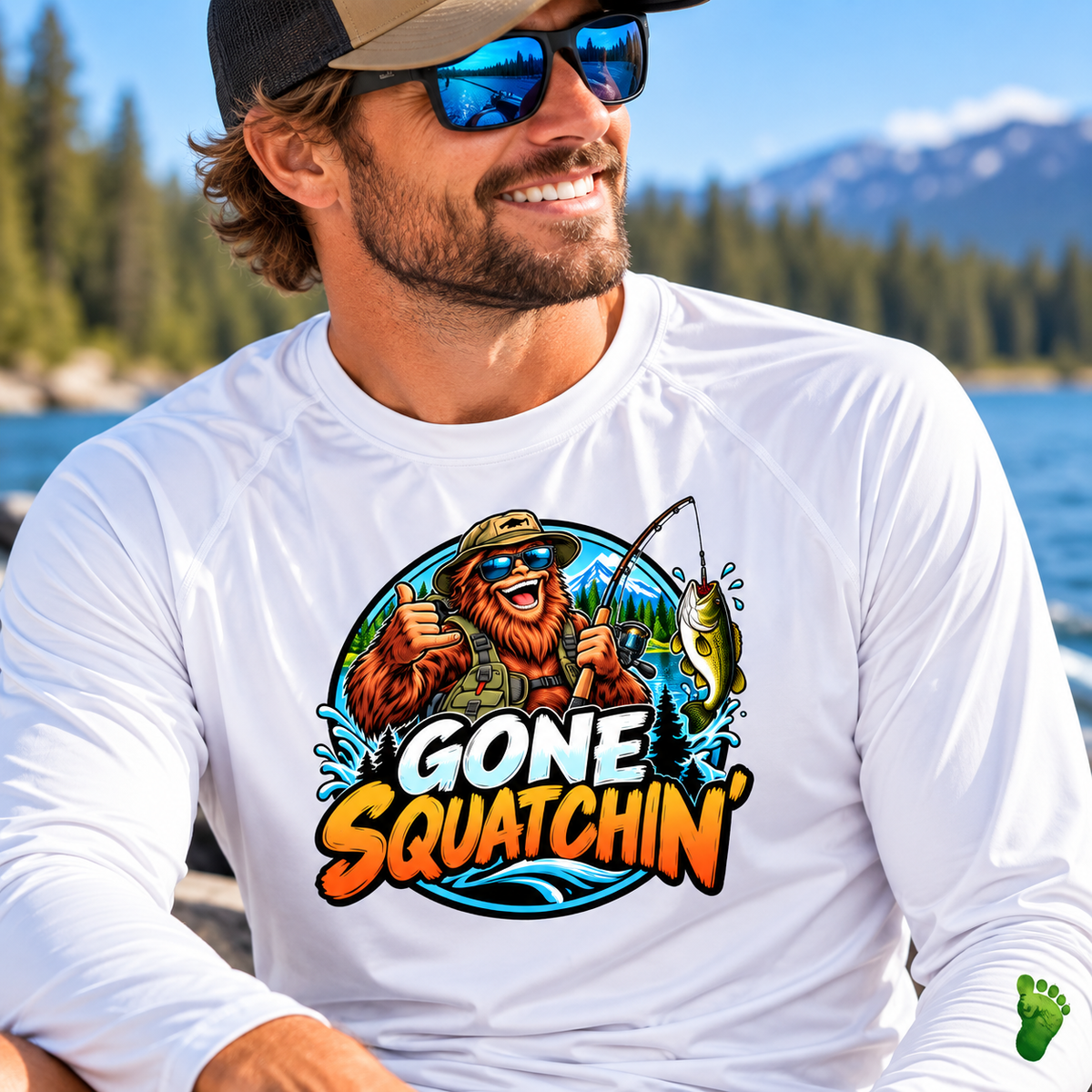 Gone Squatchin' Bigfoot Fishing Long Sleeve Rashguard | Funny Sasquatch Fishing Shirt