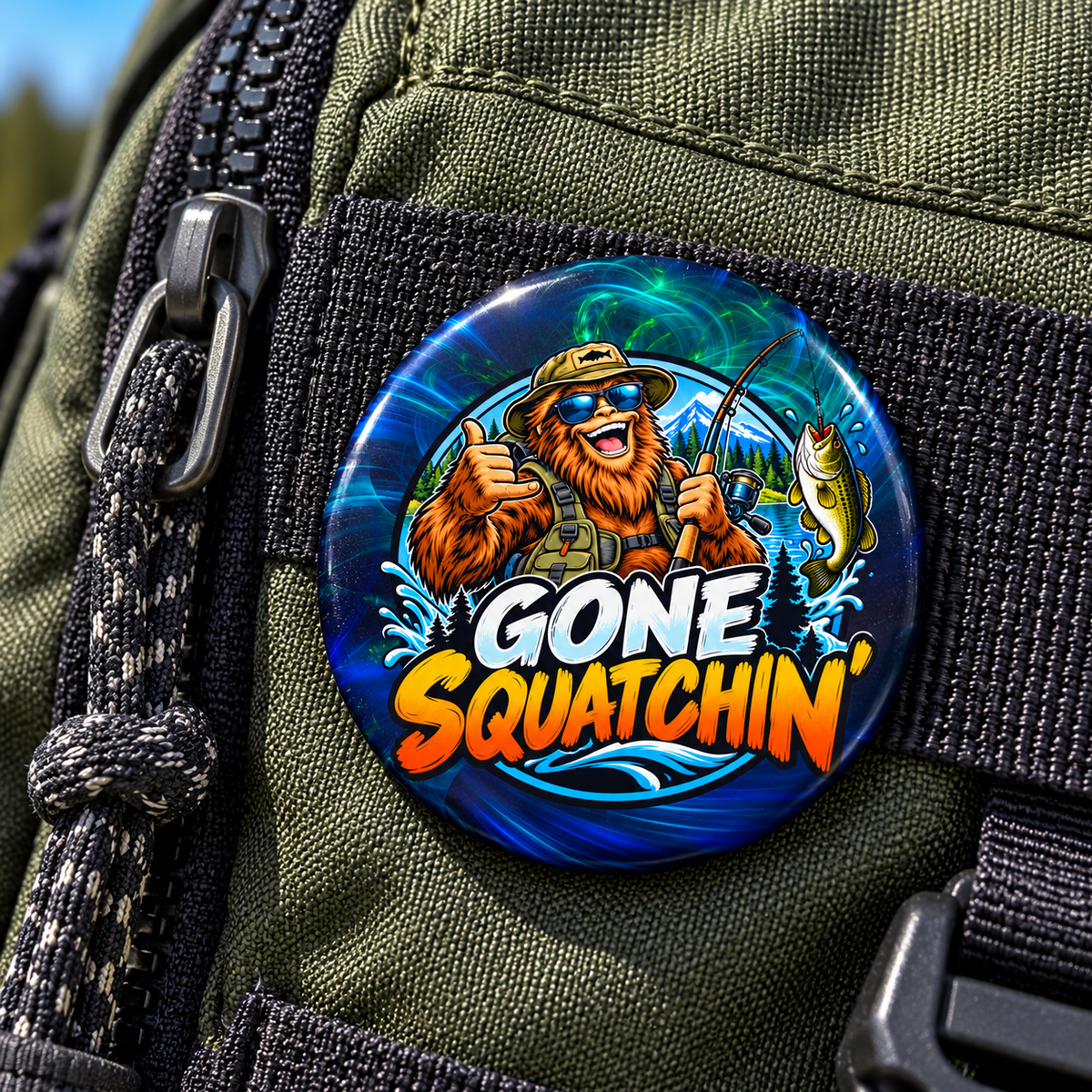 Gone Squatchin' Bigfoot Fishing Pin Button | Funny Sasquatch Fishing Gift