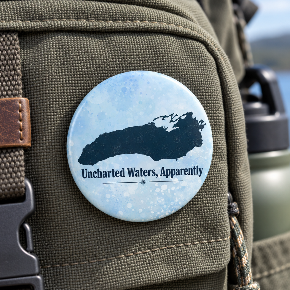 Uncharted Waters, Apparently Pinback Button | Great Lakes Humor Pin