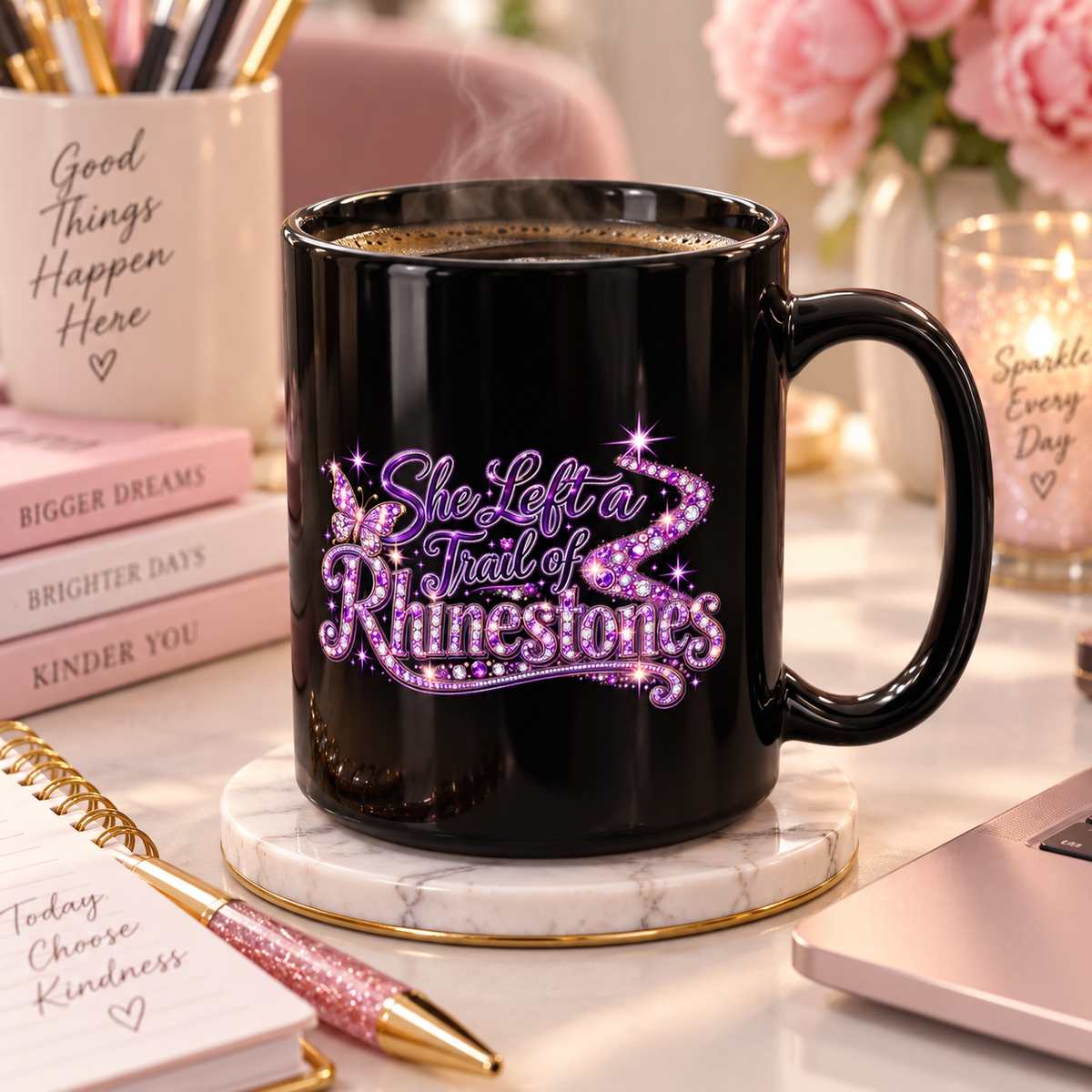 She Left a Trail of Rhinestones Black 15oz Mug
