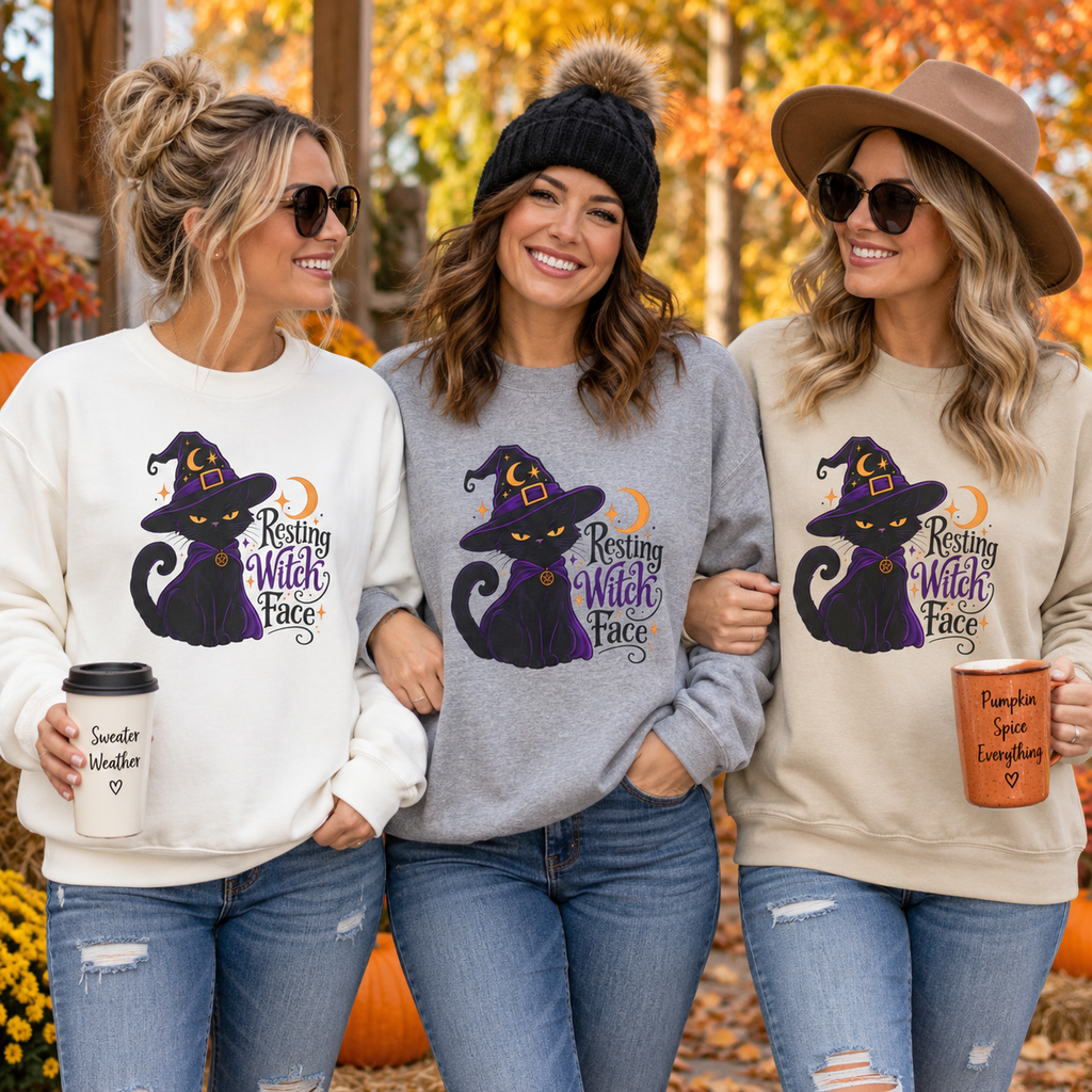 Resting Witch Face Cat Sweatshirt | Halloween Witch Cat Crewneck