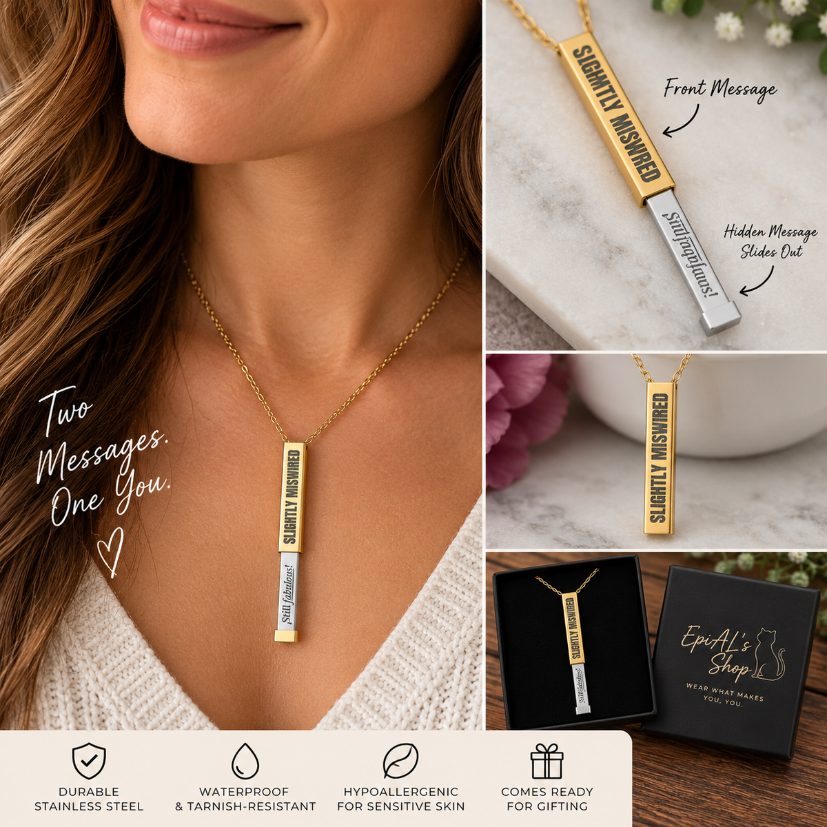 Slightly Miswired, Still Fabulous Hidden Message Sliding Bar Necklace