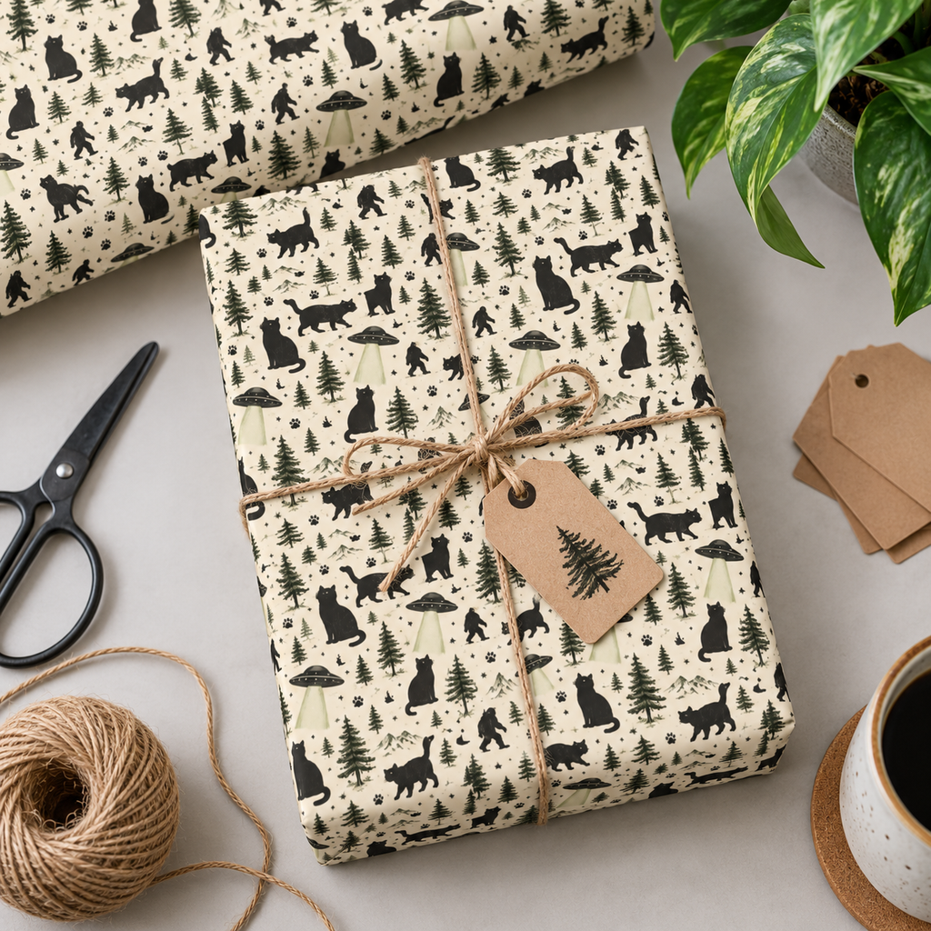 Cat, UFO & Bigfoot Wrapping Paper | Cryptid Cat Gift Wrap | Funny All-Occasion Wrap