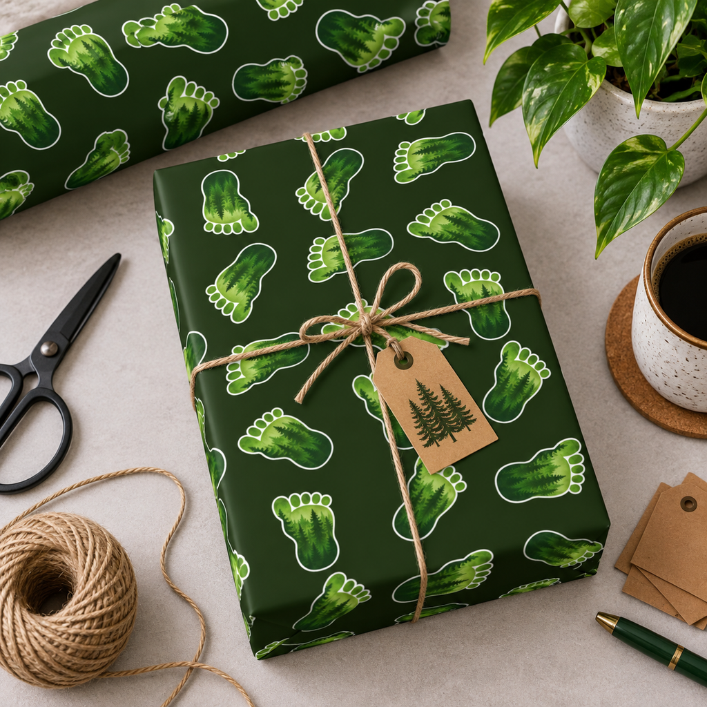 Bigfoot Footprint Wrapping Paper | Sasquatch Forest Gift Wrap | Cryptid All-Occasion Paper