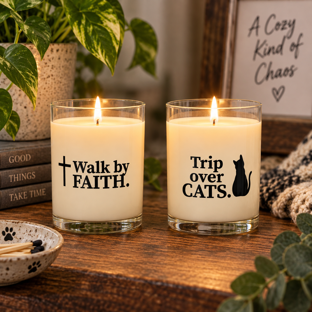 Walk by Faith, Trip Over Cats Scented Soy Candle | Funny Christian Cat Lover Gift | 11 oz