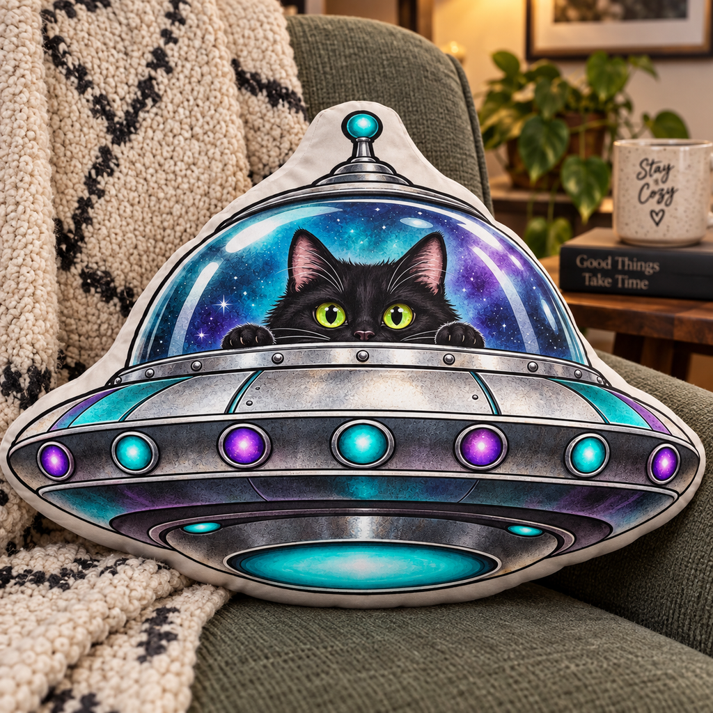 Cat in UFO Shaped Pillow | Black Cat Alien Spaceship Pillow | Funny Cosmic Cat Decor