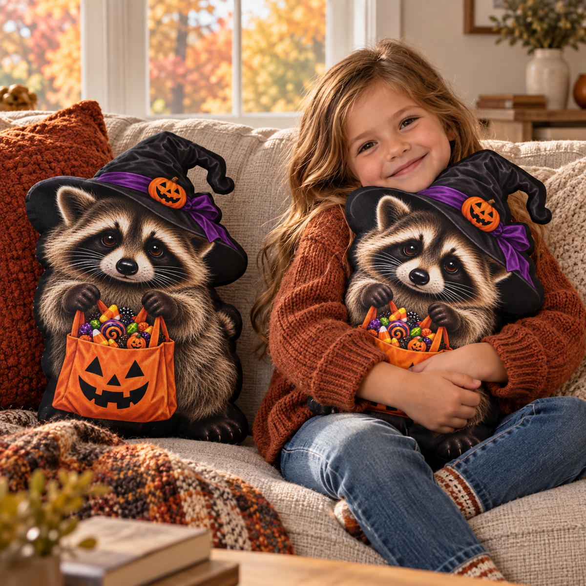 Jimothy Trick-or-Treat Raccoon Halloween Shaped Pillow