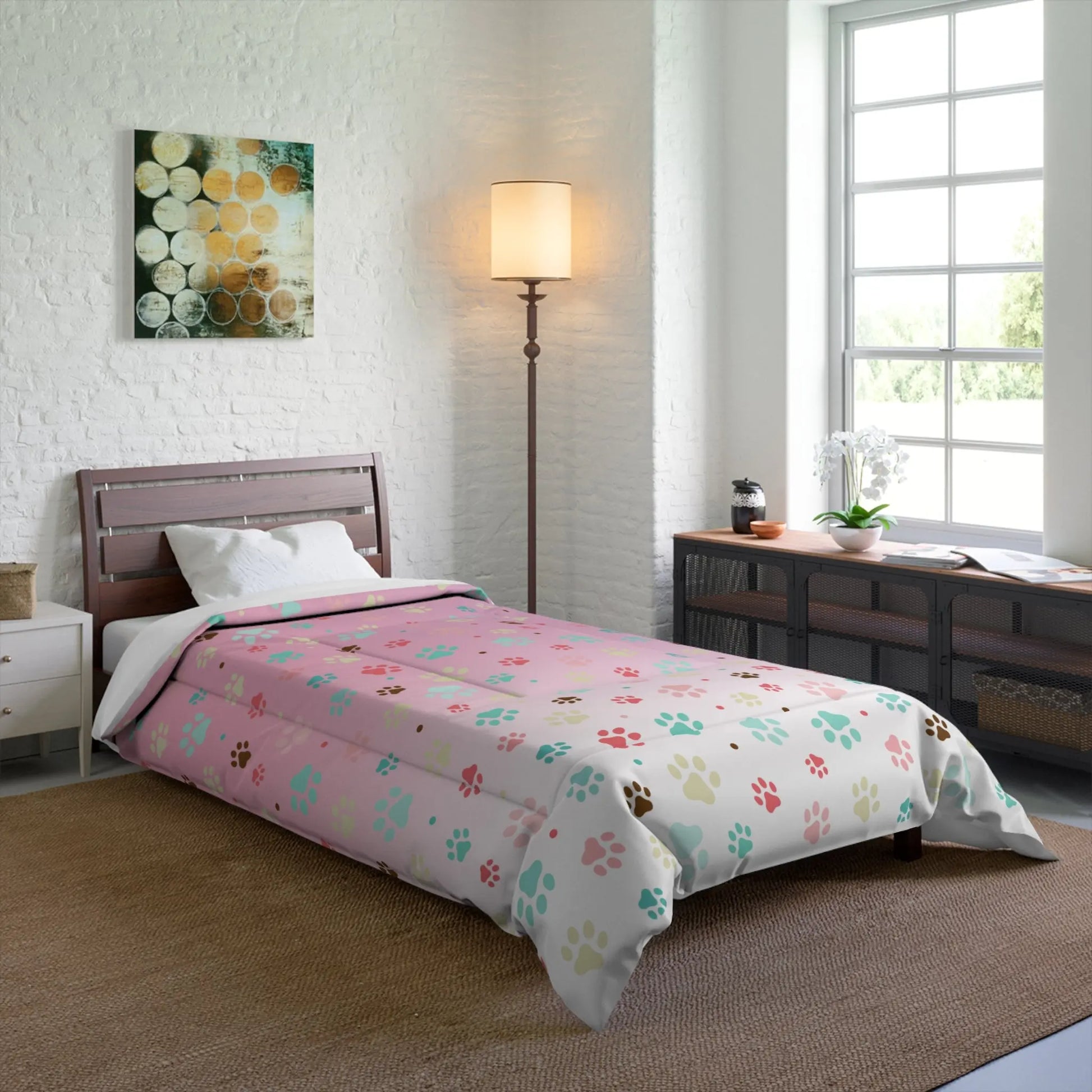 Colorful Paw Print Comforter - Cozy Pet Lover Bedding Printify