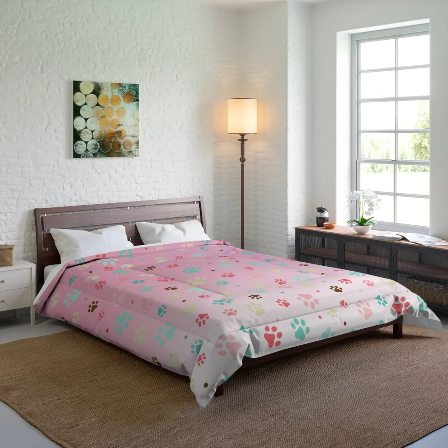 Colorful Paw Print Comforter - Cozy Pet Lover Bedding Printify