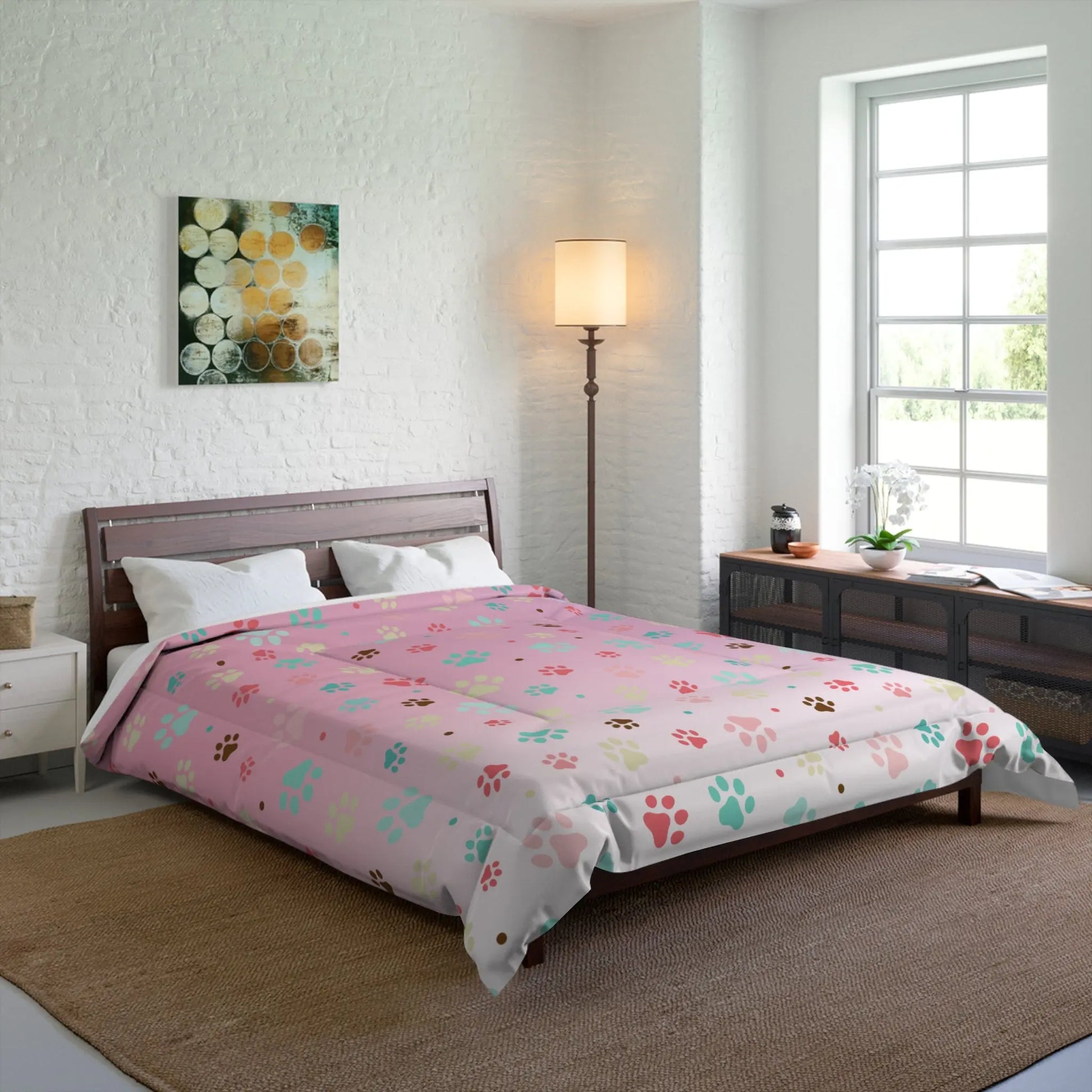 Colorful Paw Print Comforter - Cozy Pet Lover Bedding Printify