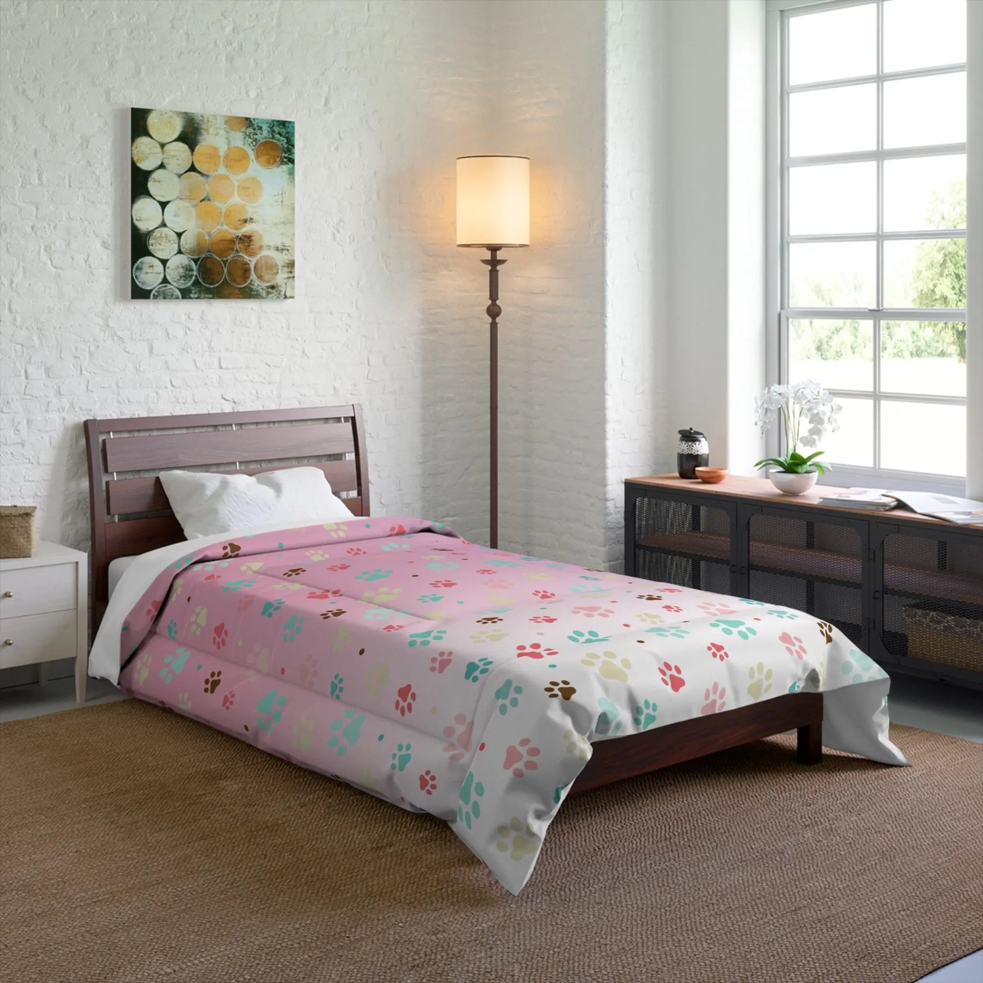 Colorful Paw Print Comforter - Cozy Pet Lover Bedding Printify