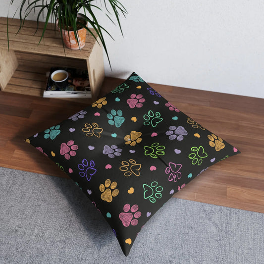 Colorful Paw Print Tufted Floor Pillow - Perfect for Pet Lovers Printify