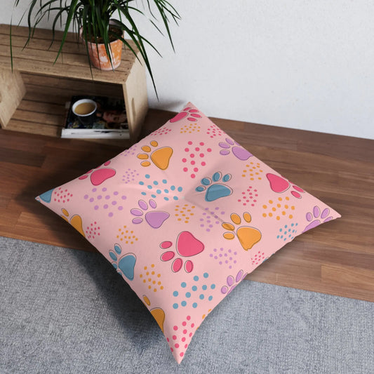Colorful Pet Paw Print Tufted Floor Pillow Printify