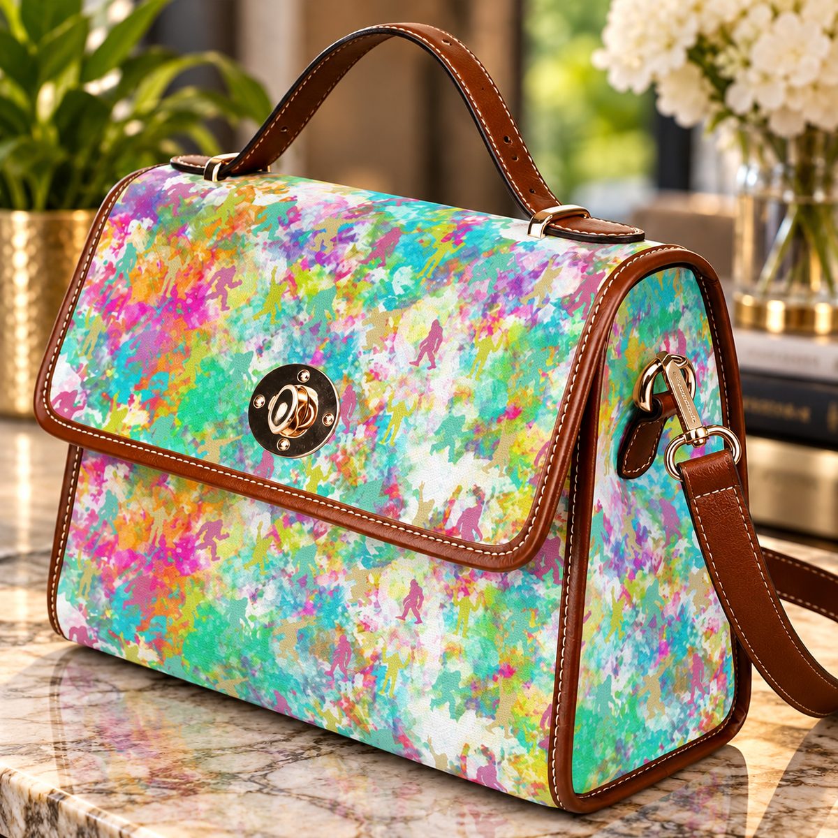 Hidden Bigfoot Tie-Dye Satchel Handbag | Colorful Sasquatch Crossbody Purse