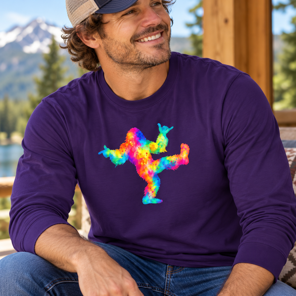 Rainbow Dancing Bigfoot Long Sleeve T-Shirt | Colorful Psychedelic Sasquatch Tee