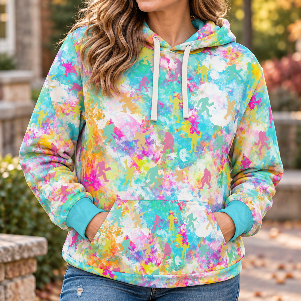 Hide & Squatch Tie-Dye Hoodie | Colorful Hidden Bigfoot All-Over Print