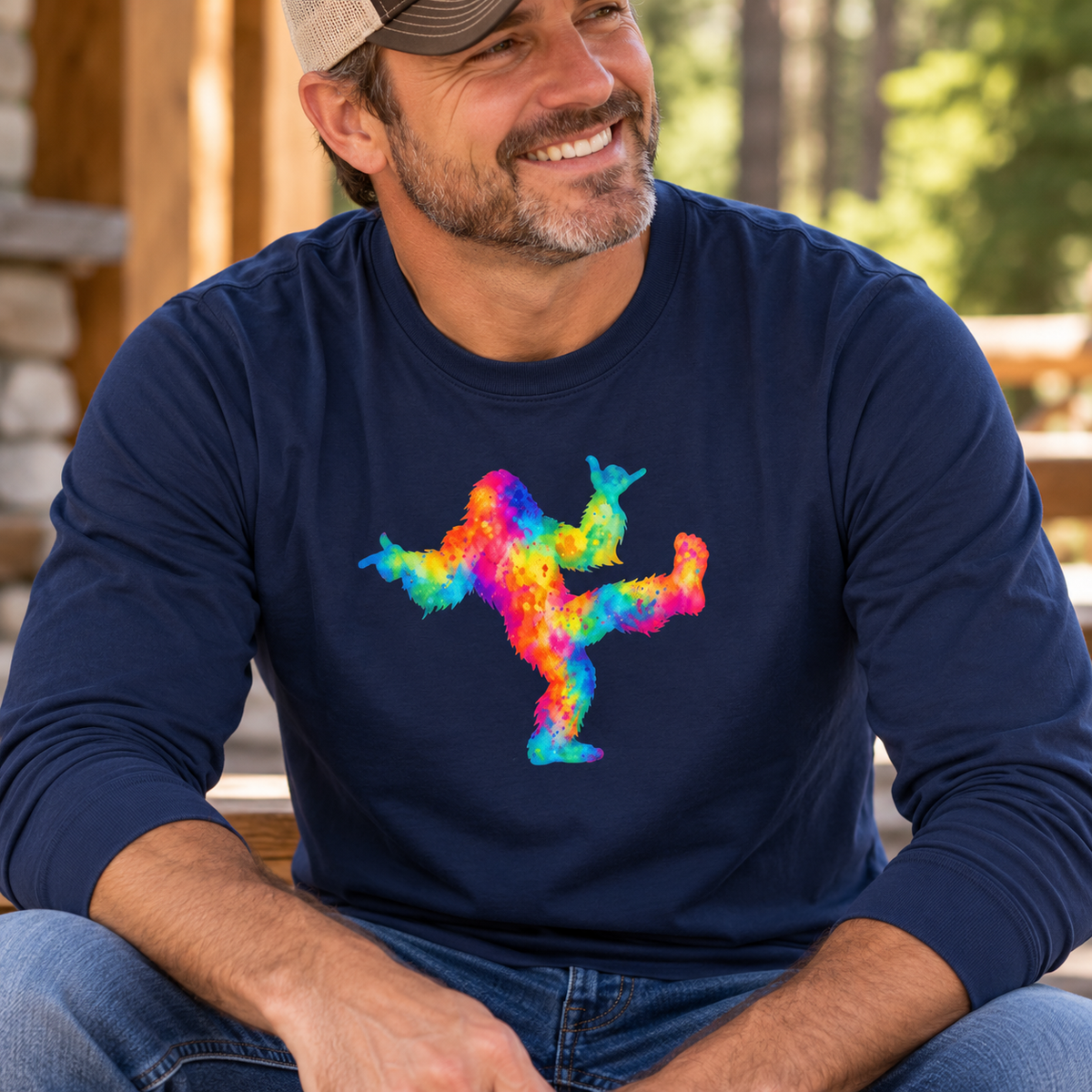 Rainbow Dancing Bigfoot Long Sleeve T-Shirt | Colorful Psychedelic Sasquatch Tee
