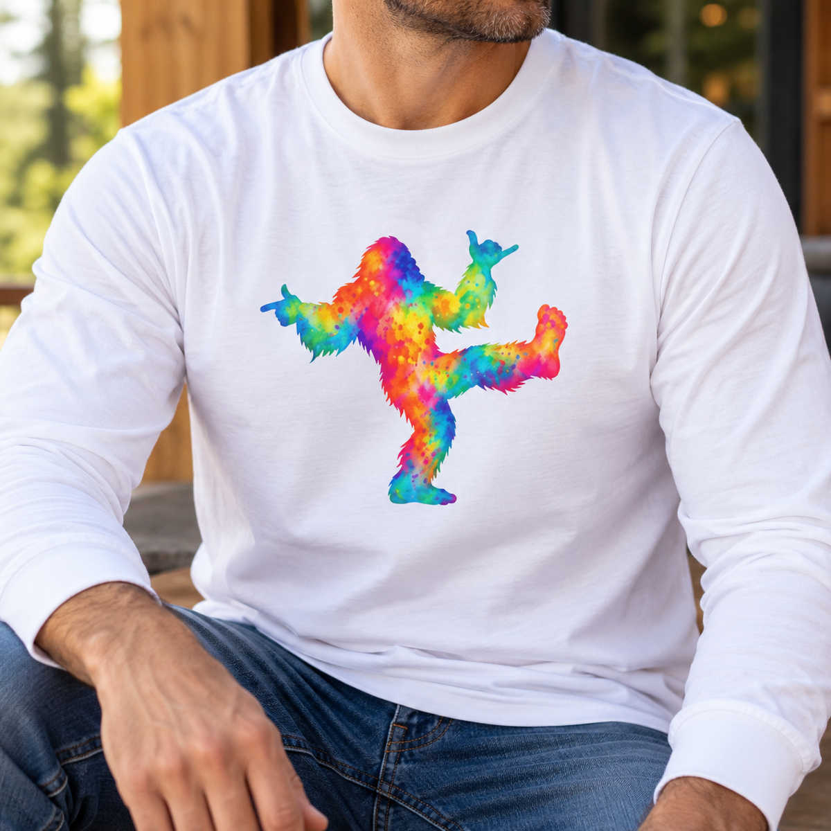 Rainbow Dancing Bigfoot Long Sleeve T-Shirt | Colorful Psychedelic Sasquatch Tee