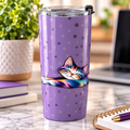Colorful Stretching Cat 20 oz Insulated Tumbler | Purple Paw Print Travel Cup