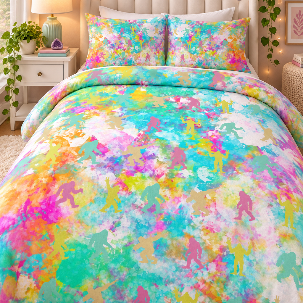 Hidden Bigfoot Watercolor Bedding Set | Colorful Sasquatch Duvet Cover & Shams