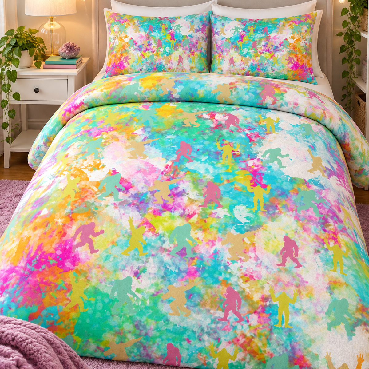 Hidden Bigfoot Watercolor Bedding Set | Colorful Sasquatch Duvet Cover & Shams