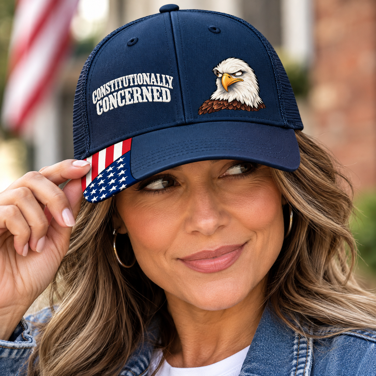 Constitutionally Concerned Patriotic Trucker Hat | Skeptical Bald Eagle American Flag Cap